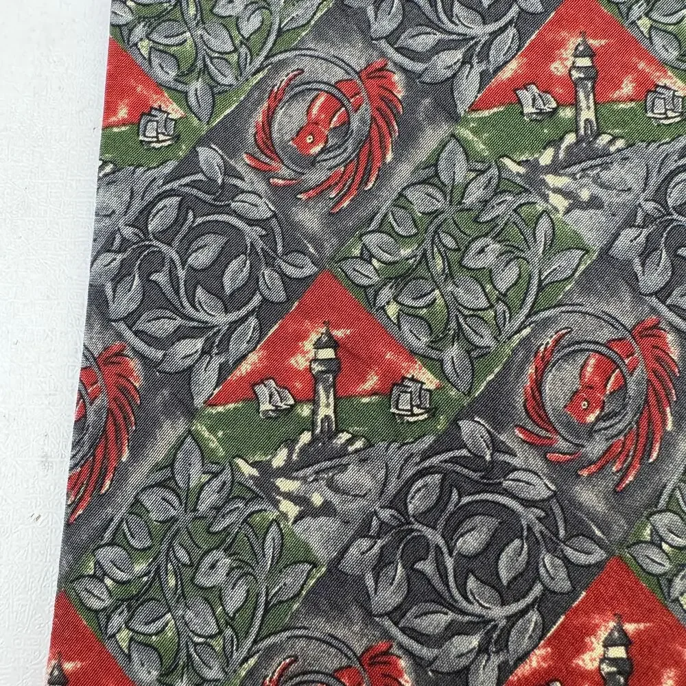 VTG Christian Dior Monsieur Grey/Red Silk Lighthouse & Bird Print Neck Tie Mens